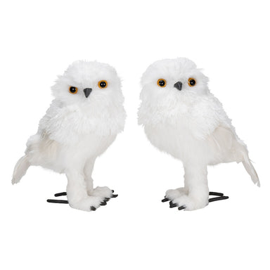 9 3/4 in Fabric/Styro Owl w/Glitter, Assortment of 2 Facing Left & Right - White