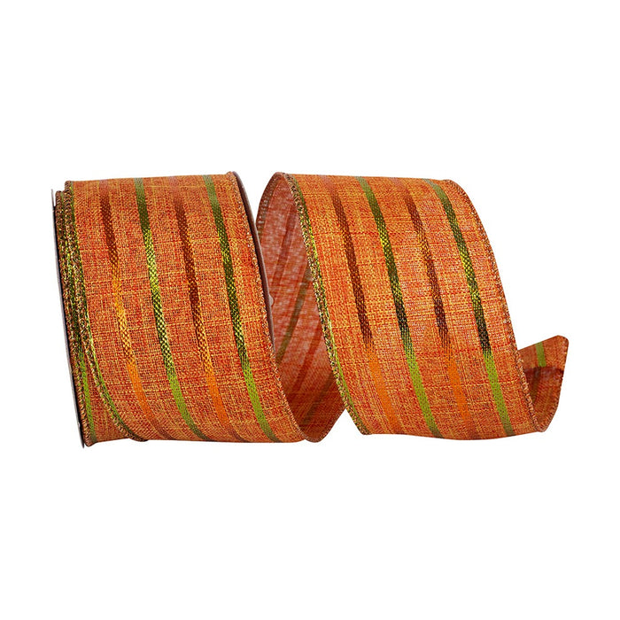 2 1/2 in Tonal Metallic Stripes On Linen Wired Edge Ribbon - Orange