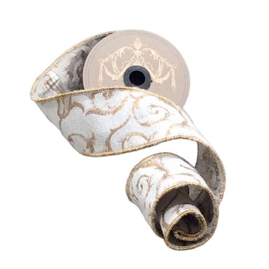 2.5 in Jacquard French Scroll Ribbon - Ivory/Silver/Gold