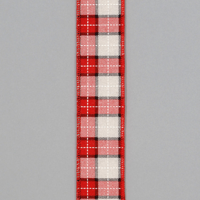 Brush Fabric Plaid Ribbon - Red/Ivory
