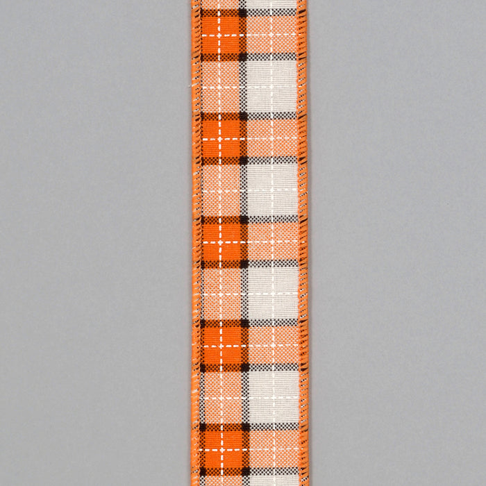 Brush Fabric Plaid Ribbon - Orange/Ivory