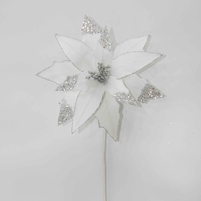 Velvet Glitter Poinsettia Stem 22" - White/Silver